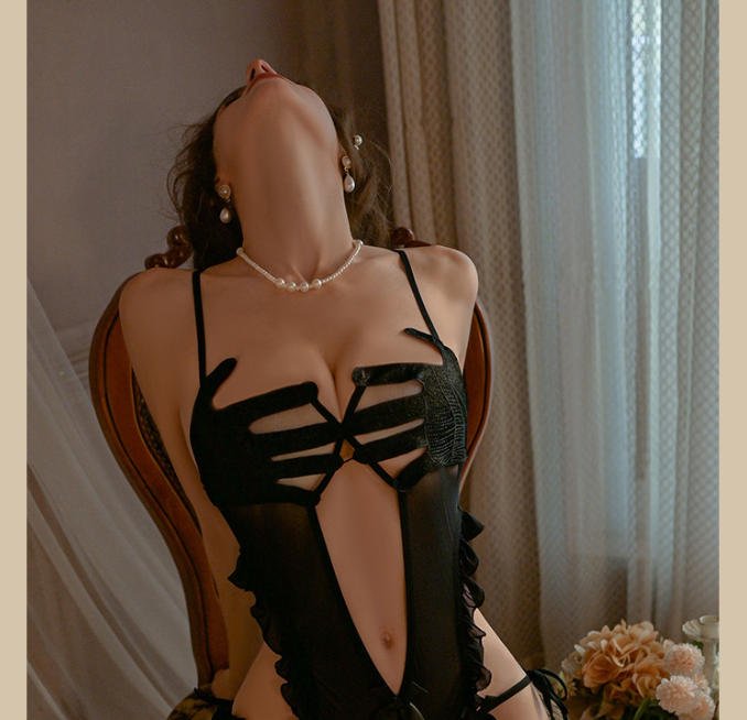 Sheer Mesh Lace-Up Open Crotch Bodysuit